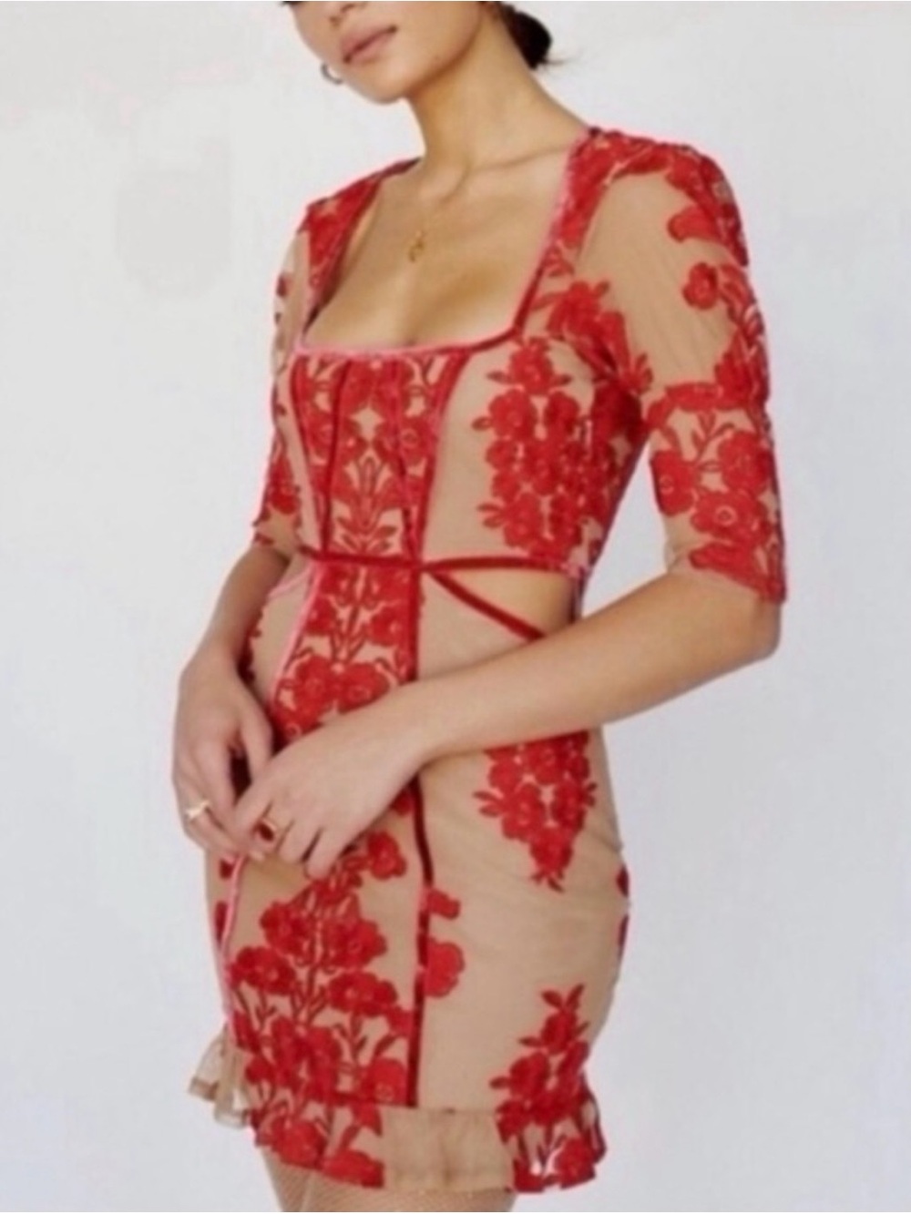 For Love & Lemons Temecula Red Mini Cut Out Lace Mini Dress